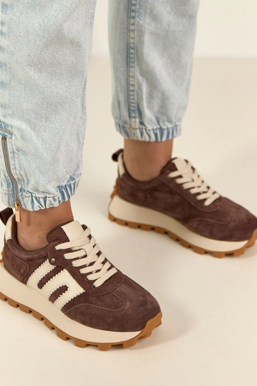 Chocoladekleurige leren sneakers met...