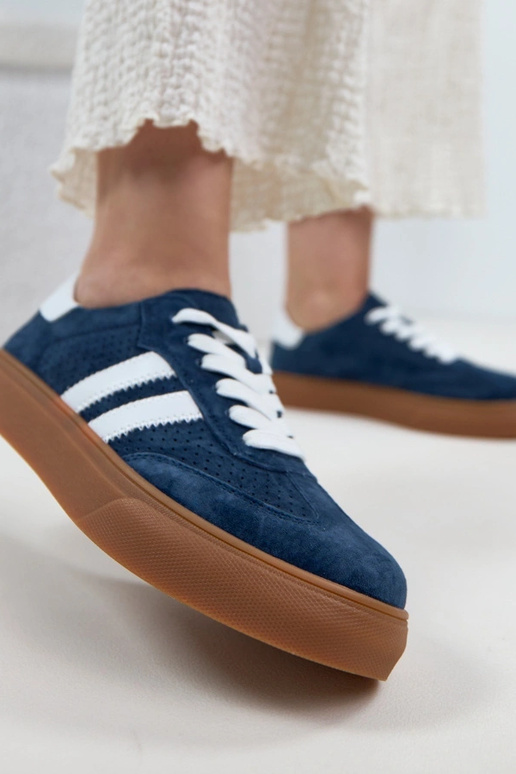 Donkerblauwe leren sneakers met...