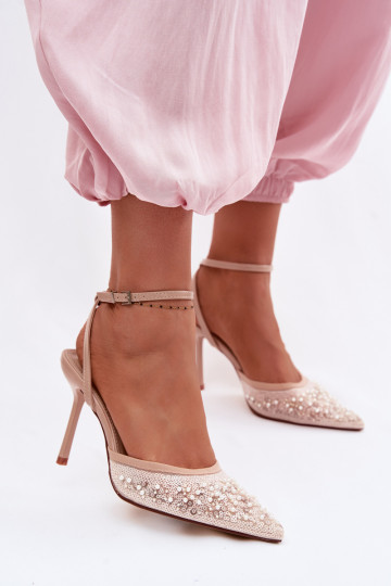 Dames sandalen met dunne hakken Versierd met pailletten I koraal kleurenikami beige Nedira 2