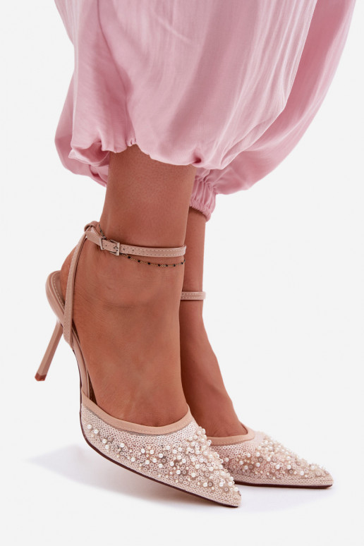 Dames sandalen met dunne hakken Versierd met pailletten I koraal kleurenikami beige Nedira