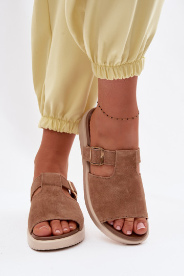 Dames suède slippers met platform en gouden gespen Zemela bruin 2