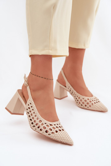 Zandkleurige dames hak sandalen met patronen Kedira 2