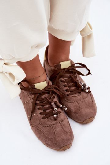 Sneakers model schoenen Dames laag met kralen bruine kleur Galora