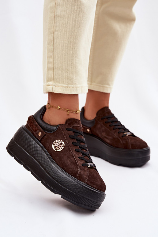 Leer van suède Sneakers model schoenen Dames met platform D&A LR61-7094 CzekoladoIne