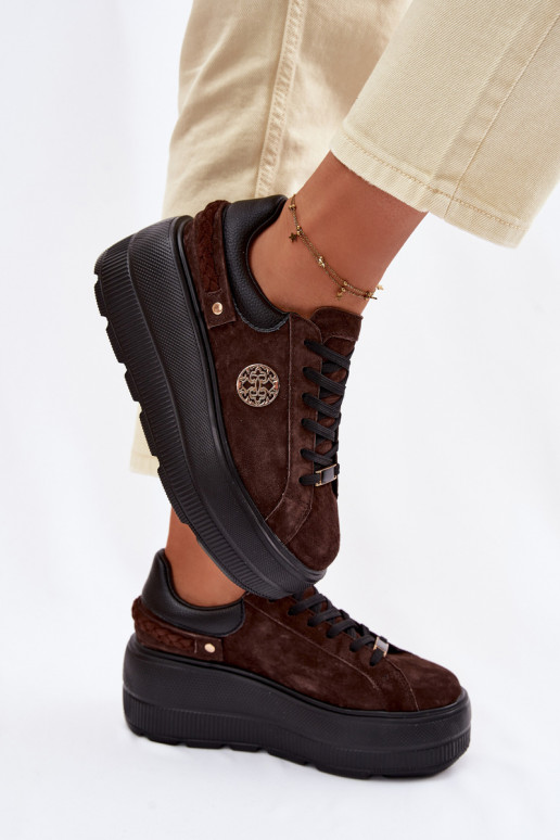 Leer van suède Sneakers model schoenen Dames met platform D&A LR61-7094 CzekoladoIne