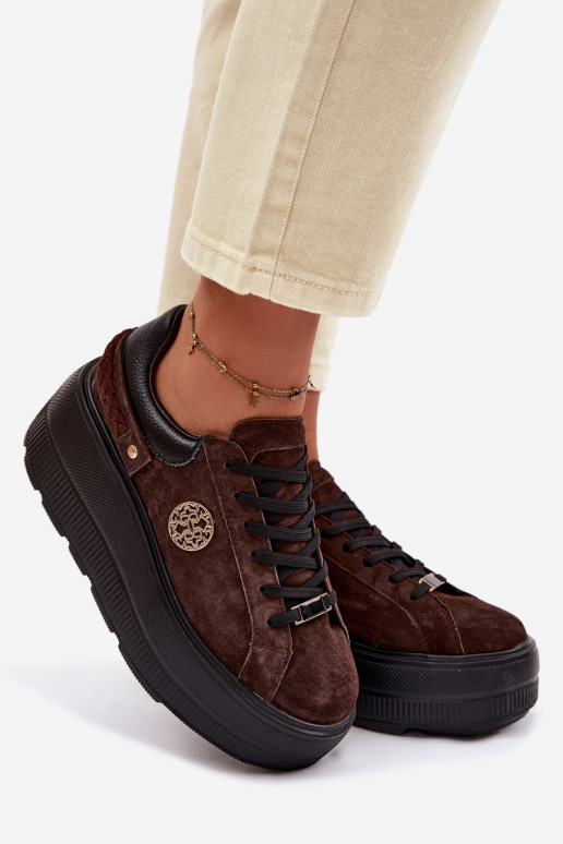 Leer van suède Sneakers model schoenen Dames met platform D&A LR61-7094 CzekoladoIne