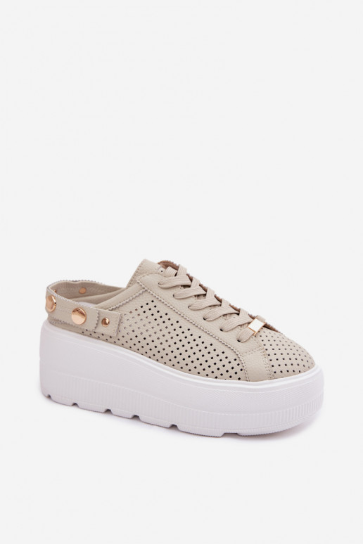 Leer met elementen van opengeInerkt Sneakers model schoenen Dames met platform met riemen Op Pięcie D&A LR61-7088 beige