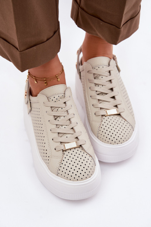 Leer met elementen van opengeInerkt Sneakers model schoenen Dames met platform met riemen Op Pięcie D&A LR61-7088 beige