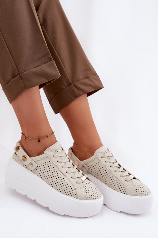 Leer met elementen van opengeInerkt Sneakers model schoenen Dames met platform met riemen Op Pięcie D&A LR61-7088 beige
