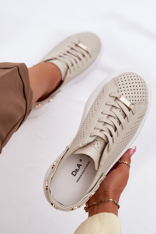 Leer met elementen van opengeInerkt Sneakers model schoenen Dames met platform met riemen Op Pięcie D&A LR61-7088 beige