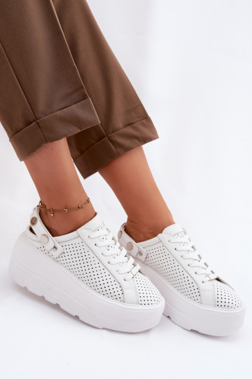 Leren sneakers met opengewerkte elementen voor dames met platform en bandjes D&A LR61-7088 wit