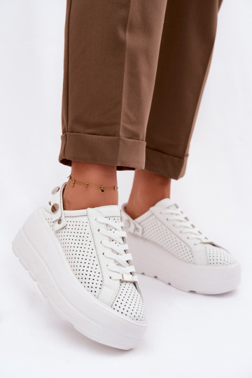 Leren sneakers met opengewerkte elementen voor dames met platform en bandjes D&A LR61-7088 wit 2