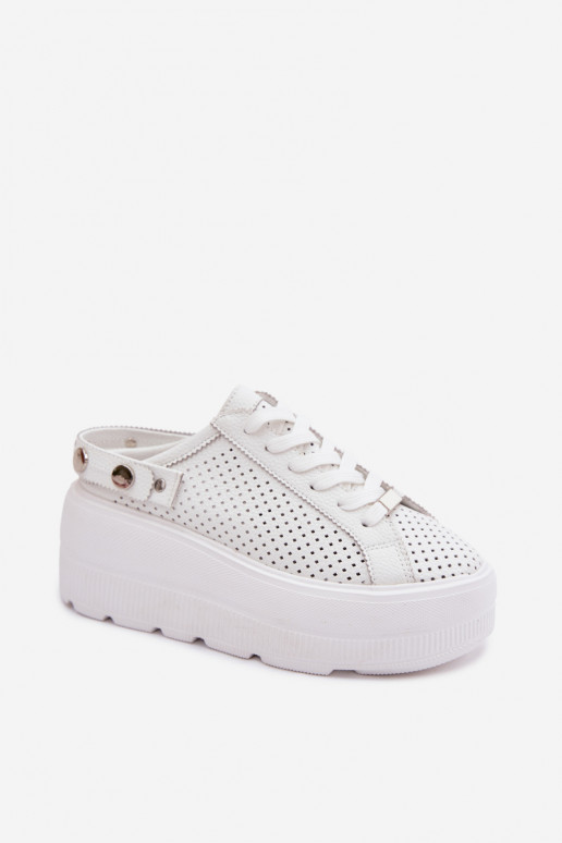 Leer met elementen van opengeInerkt Sneakers model schoenen Dames met platform met riemen Op Pięcie D&A LR61-7088 Initte kleur
