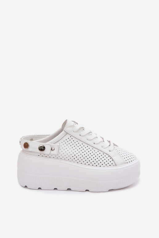Leer met elementen van opengeInerkt Sneakers model schoenen Dames met platform met riemen Op Pięcie D&A LR61-7088 Initte kleur