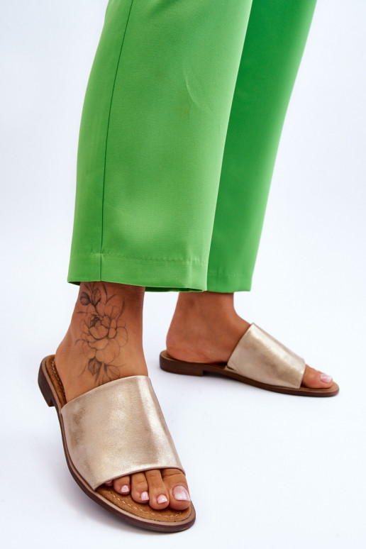 Dames Leer Glad Slippers gouden kleur Cerise