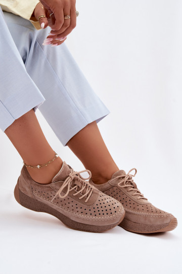 Leren sneakers model dames met perforatie elementen Sergio Leone SP-013 bruine kleur