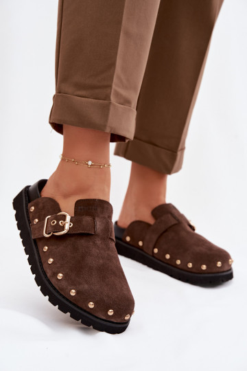 Slippers Klompen van suède met platform met klinknagels I met gespen Big Star TT274952 CzekoladoIne 2
