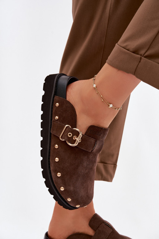 Slippers Klompen van suède met platform met klinknagels I met gespen Big Star TT274952 CzekoladoIne