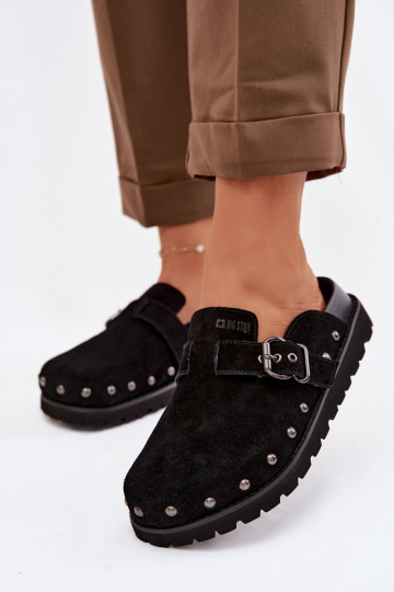 Big Star TT274951 suède klompslippers met plateau, studs en gespen zwart