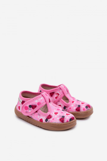 Kinderslippers Barefoot met lieveheersbeestjes en hartjespatroon met klittebandsluiting Milami roze Talirae