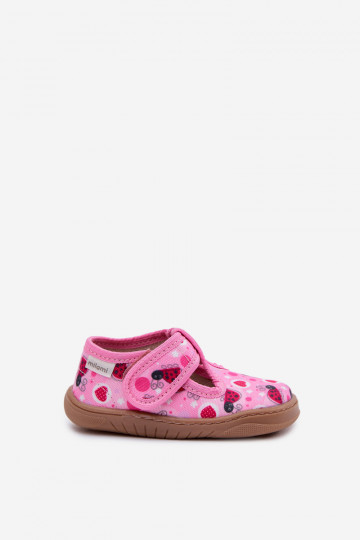 Kinderslippers Barefoot met lieveheersbeestjes en hartjespatroon met klittebandsluiting Milami roze Talirae 2