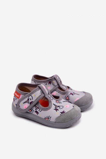 Elastische slippers Milami voor kinderen met klittebandsluiting met eenhoornpatroon grijs Ambette