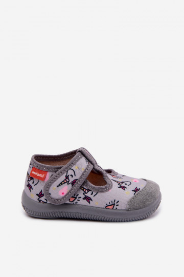 Elastische slippers Milami voor kinderen met klittebandsluiting met eenhoornpatroon grijs Ambette 2