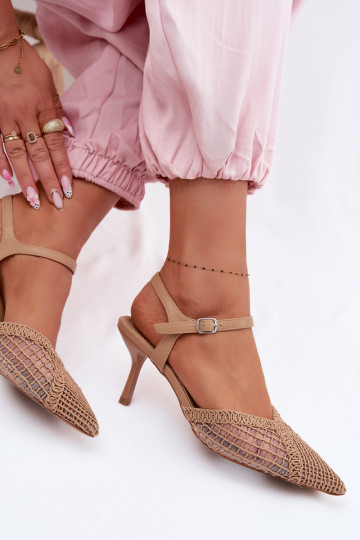 Patroon sandalen met net op dunne hakken bruin Idira
