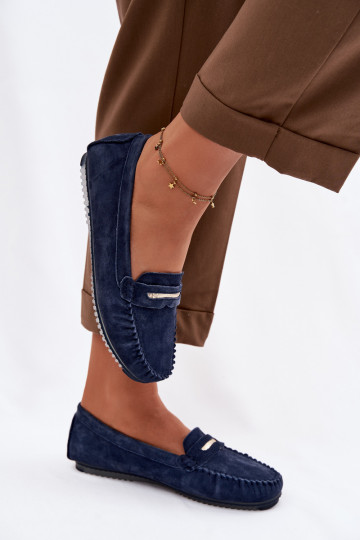 Dames vlakke mocassins van natuurlijk suede S.Barski LR61-7029 donkerblauwe kleur