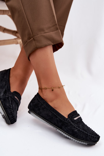 Dames vlakke mocassins van natuurlijk suede S.Barski LR61-7029 zwarte kleur