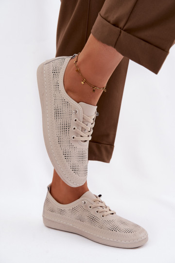 Dames leren schoenen met geperforeerde elementen S.Barski LR61-7083 zandkleur