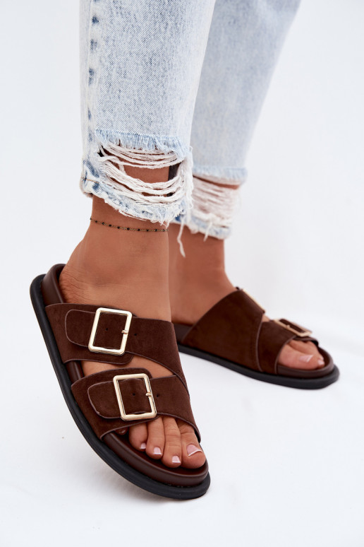 DamespantoffelsImitacji van suèdeu gouden kleur met gespen CzekoladoIne Selissea