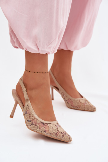 Dames sandalen met dunne hakken met kant beige Pelivelle