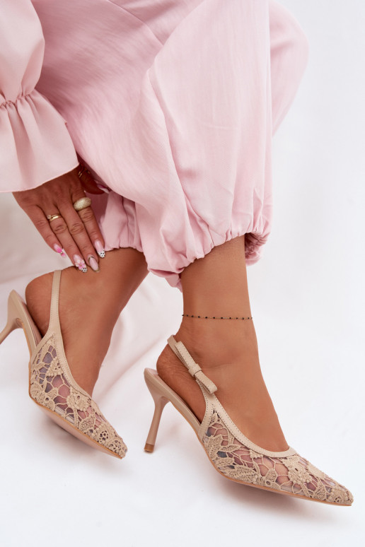 Dames sandalen met dunne hakken met kant beige Pelivelle