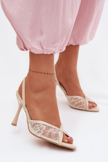 Dames sandalen met dunne hakken met kant I Zdobieniem beige Melivelle 2