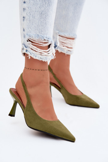 Dames sandalen met dunne hakkenImitacji van suèdeu groene kleur Saria 2