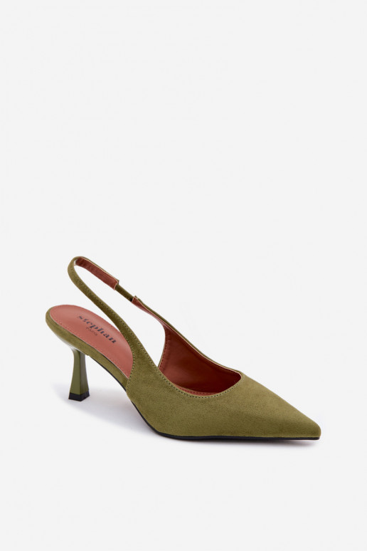 Dames sandalen met dunne hakkenImitacji van suèdeu groene kleur Saria