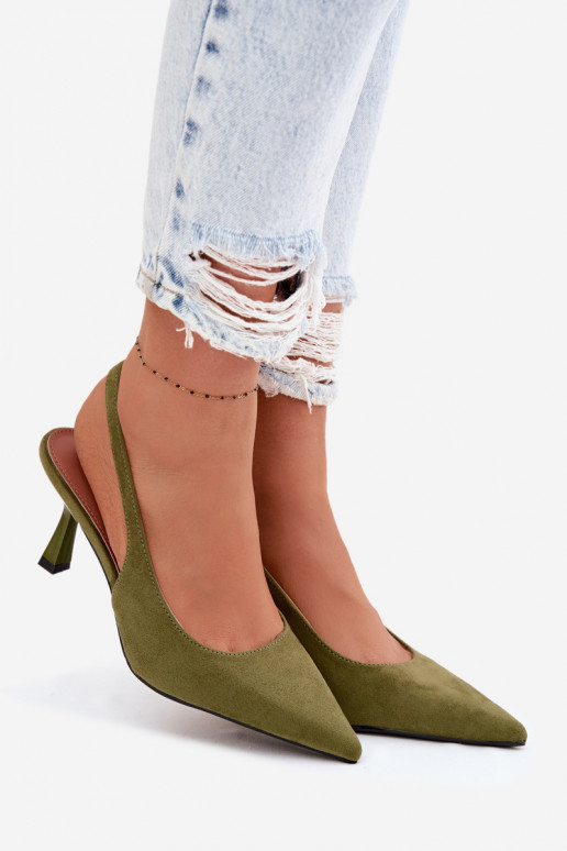 Dames sandalen met dunne hakkenImitacji van suèdeu groene kleur Saria