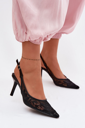Dames zwarte sandalen met net, kantmotieven en dunne hakken Tai turivia 2