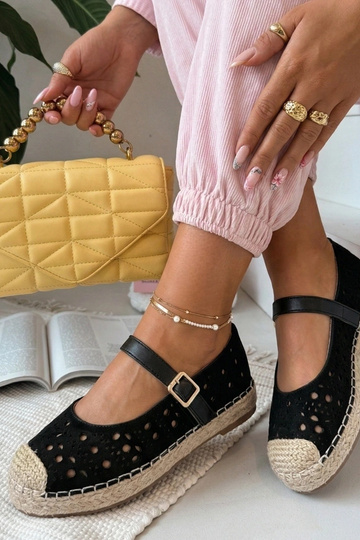 Zwarte opengewerkte platform espadrilles Paulette