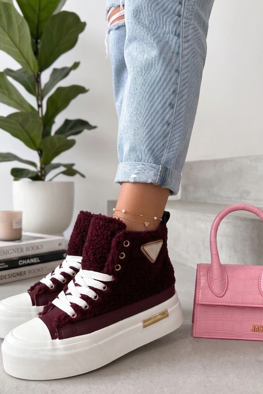 Bordeaux platform sneakers met bont en rhinestones boven de enkel Lucia
