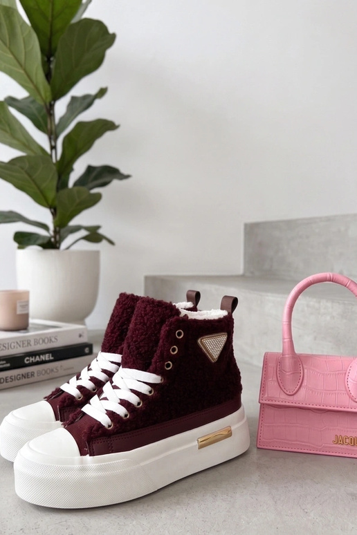 Bordeaux platform sneakers met bont en rhinestones boven de enkel Lucia