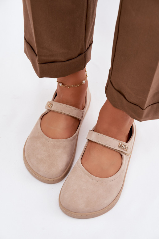 Leren suède ballerina's Barefoot met bandjes Zazoo 10206 zandkleur