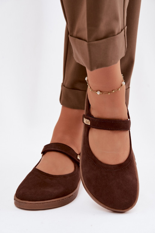 Leren suède ballerina's Barefoot met bandjes Zazoo 10206 chocolade kleur