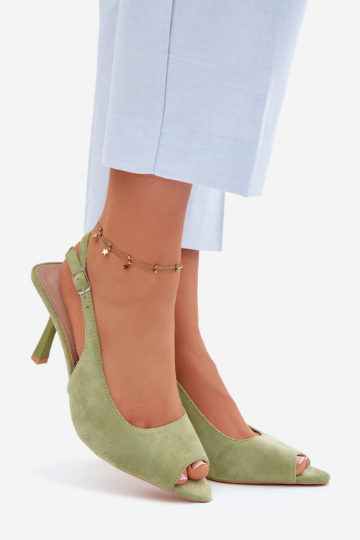 Dames sandalen met dunne hakjes van kunstsuède in groene kleur Sevina