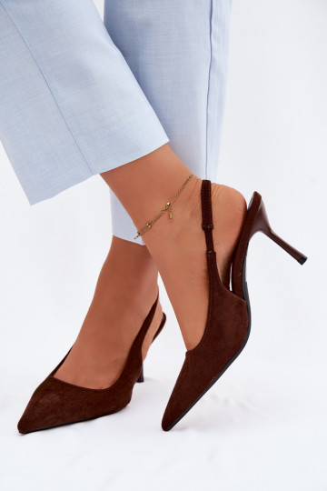 Dames sandalen met dunne hakjes van kunstsuède in chocolade kleur Kevina