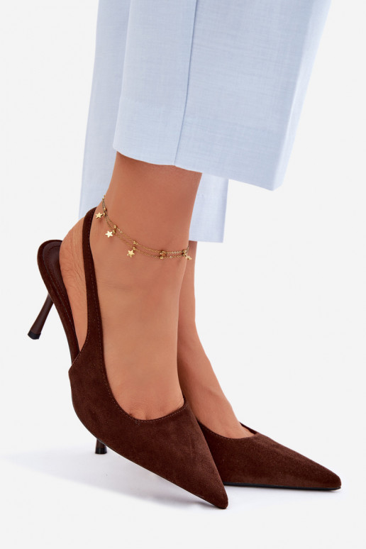 Dames sandalen met dunne hakjes van kunstsuède in chocolade kleur Kevina