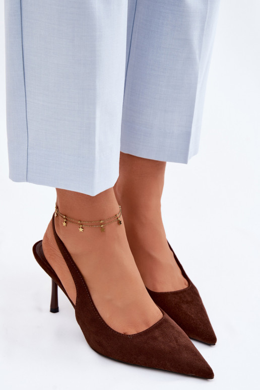 Dames sandalen met dunne hakjes van kunstsuède in chocolade kleur Kevina