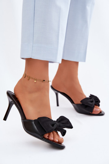 Dames slippers met dunne hakken en strikjes zwarte kleur Jelessa