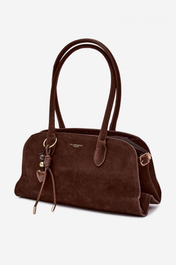 Violette tas met sleutelhanger en gespen in kunstsuède chocoladekleur 2